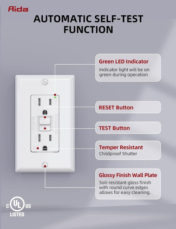 AIDA GFCI Outlet 15A Self-Test Tamper‑Resistant LED White 3‑Pack-4